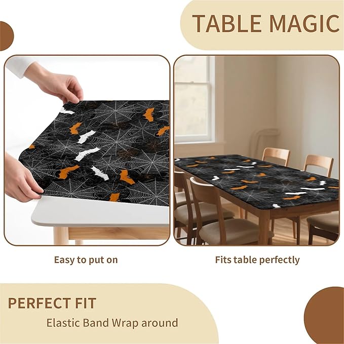 Rectangle Table Cloth Cover Waterproof Elastic Fitted Polyester Fitted Tablecloths for 4 Foot Tables for Indoor,Picnic, Camping, Outdoor （48" x 24"，Halloween）