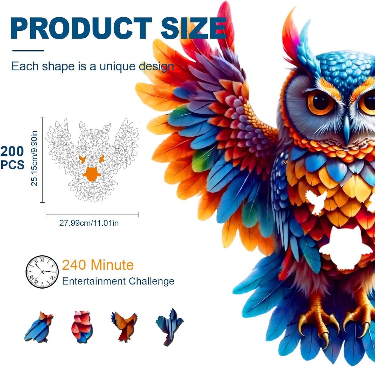 Wooden Jigsaw Puzzles for Adults and Kids, Rainbow Owl 200 Piece Unique Shaped Puzzle, Family Game and Creative Wooden Puzzle Gift, Wall Art Decor