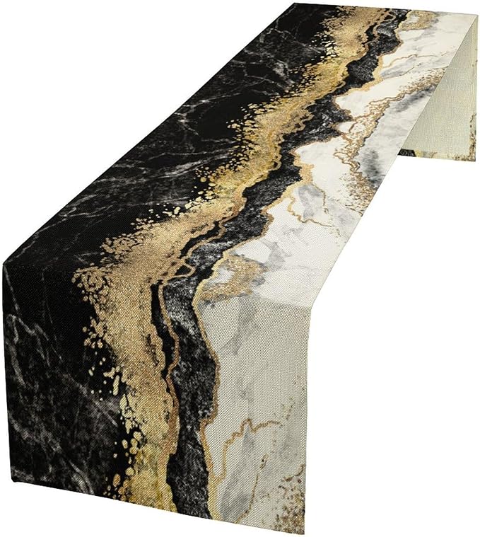 Marble Table Runner, Ink Golden Marble Texture Table Runner for Kitchen Wedding Farmhouse Indoor Outdoor Home Party 13x108in