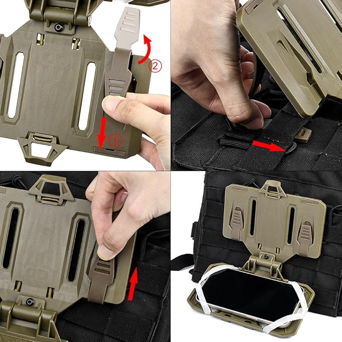 Tactical Vest Folding Plate Carrier Phone Bracket Holder, Universal Chest Phone Mount for Screen Size 4.7"-6.7", for MOLLE System