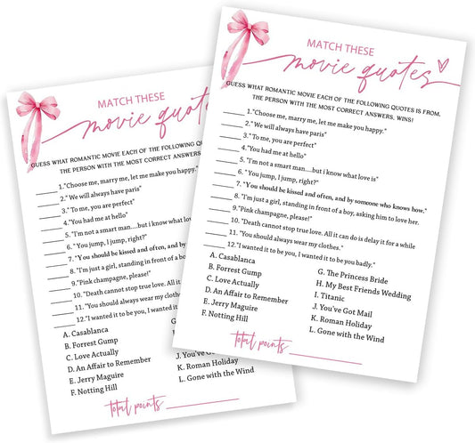 Bridal Shower Games Cards, Match These Movie Quotes, 25 Cards with 1 Answer Card, Engagement Party Games for Guests, Pink Ribbon Bow Wedding Party Supplies - E09
