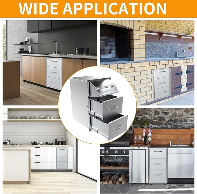 BBQ Outdoor Kitchen Drawers Stainless Steel 3-Drawer BBQ Drawer Enclosed Built-in Drawer Flush Mount for Outdoor Kitchens & BBQ Islands,17Wx30Hx21D Inch