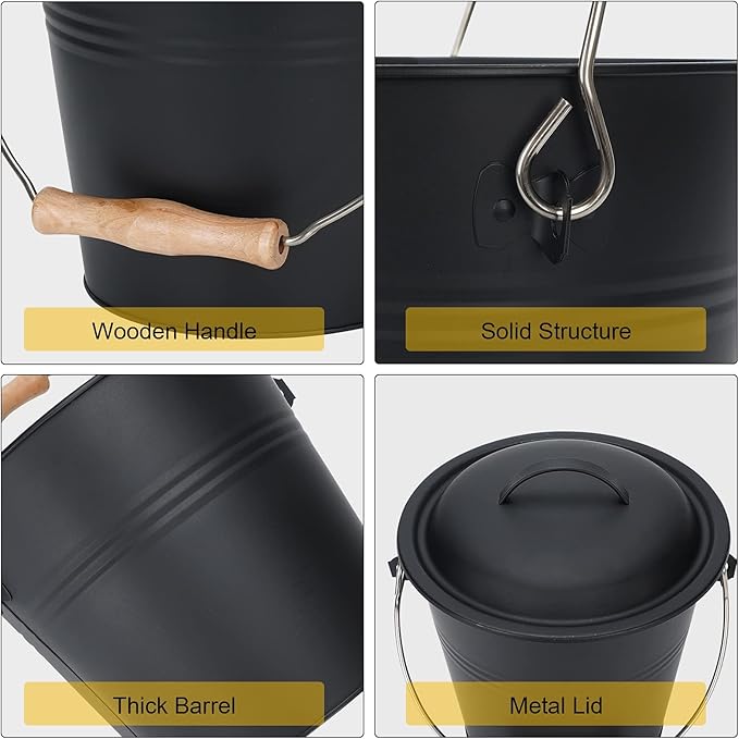 1.5-Gallon Metal Ash Bucket with Lid, Shovel, Broom - For Fireplaces, Wood Stoves