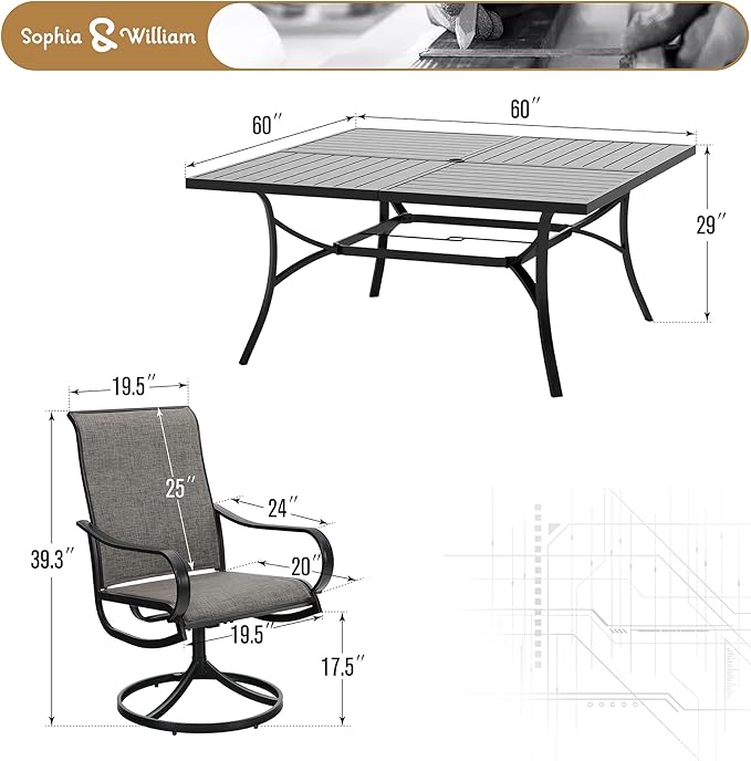 Sophia & William Outdoor Dining Set Patio Dining Sets Patio Table and Chairs Set 9 Pieces 60" Square Outdoor Dining Table for 8 with Swivel Patio Chairs for Garden Pool All Weather Brown