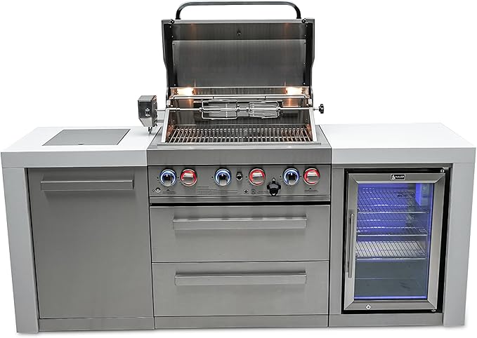 Mont Alpi MAi400-DFC 32-Inch 4-Burner 78000 BTU Deluxe Stainless Steel Gas Outdoor Kitchen Bar Barbecue Island Grill w/Infrared Side Burner + Wine Cooler Compact Refrigerator + Rotisserie Kit