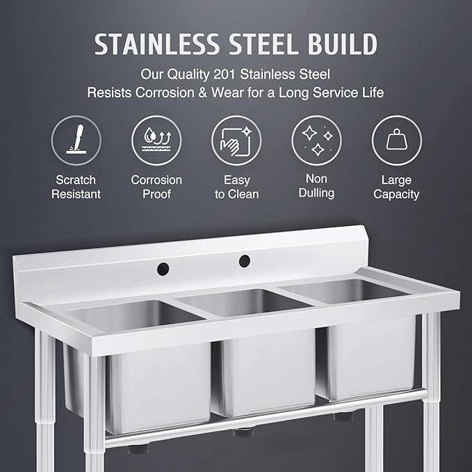 WILPREP NSF Stainless Steel 3 Compartment Commercial Sink 11x10x10 Inch Basins, Kitche Station Utility Sink for Restaurant Bar Home Laundry Room Garage
