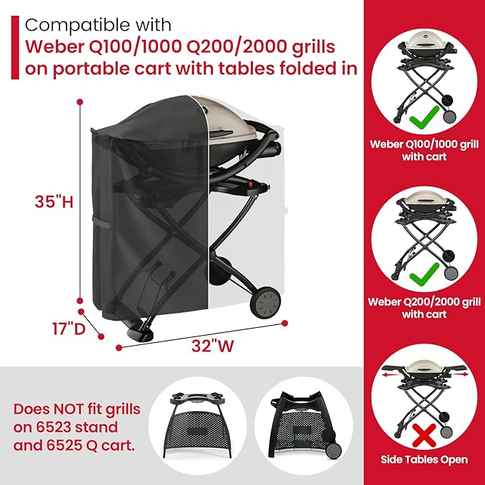 Unicook Grill Cover for Weber Q100/1000 Q200/2000 Series Grills on Portable Cart with Side Tables Folded Inside, Compared to Weber 7113, Heavy Duty Waterproof BBQ Cover, All Weather Protection