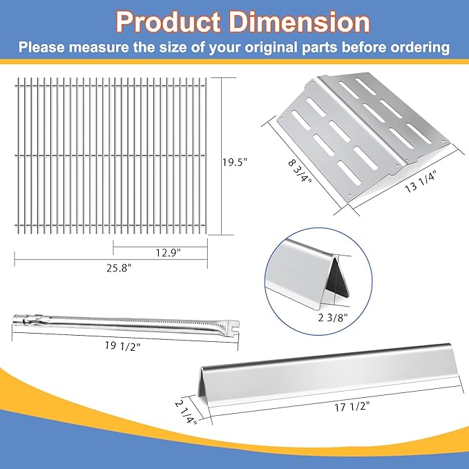 Stainless Steel Grill Replacement Parts for Weber Genesis 300 Series E310 E320 E330 S310 S320 S330, 19 1/2" 7528 7524 Grill Grates, 62752 Burners, 65505 Heat Deflectors and 7620 7621 Flavorizer Bars