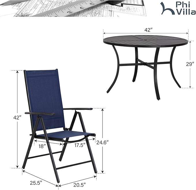 PHI VILLA Outdoor Patio Dining Set for 4, Patio Table and Chairs Set with Adjustable Folding Patio Sling Chairs for Garden, Deck and Yard, Blue