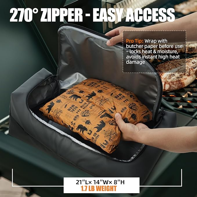 BBQ Blanket for Resting Meat, Leak-Proof Insulated Meat Resting Bag, 270° Top Opening for Large Briskets, Turkey, Washable Smoker Accessories Gifts for Men or BBQ Lovers - 21in