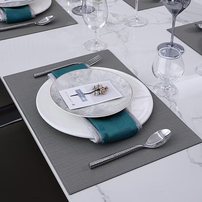 Faux Leather Placemats for Dining Table Set of 6, Heat Resistant Reversible PU Table Mats, Waterproof Wipeable Place Mats, 13"x18", Grey