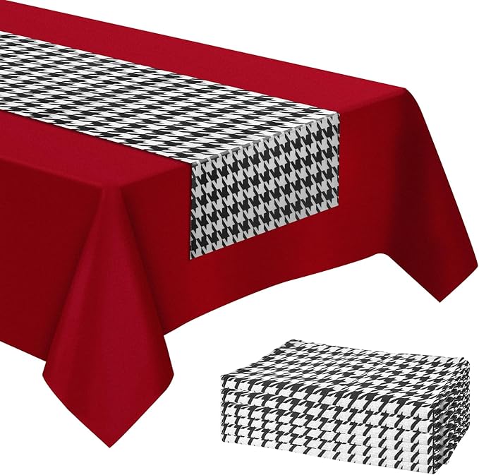 WANGDEFA 1 Pack Plastic Red Tablecloth Houndstooth Table Runner Houndstooth Party Decor 108 * 54inches for Dining Table Outdoor Party Decorative Tablecloth（PVEA and Polyester Material