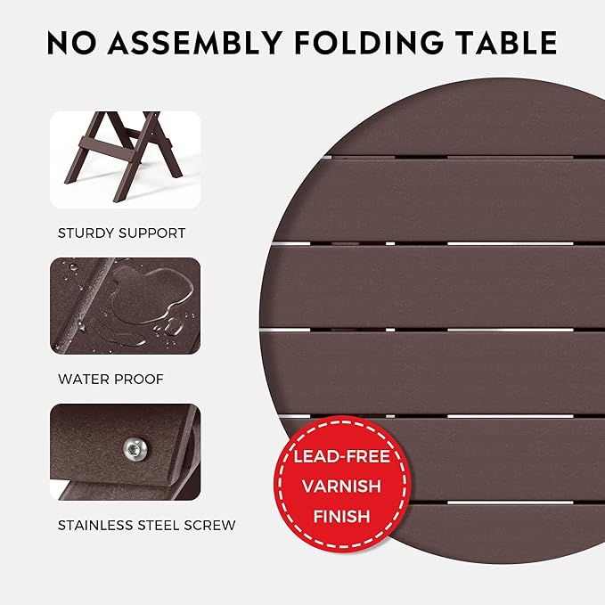 Costaelm Paradise HDPE Outdoor 24.5 Inch Round Portable Folding Patio Dining Table, Dark Brown