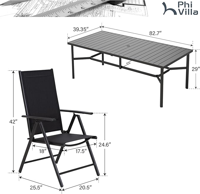PHI VILLA 9 Piece Patio Dining Set, Patio Furniture Outdoor Dining Set with Adjustable Portable Patio Folding Chairs (Black) & Large Patio Dining Table for Yard, Garden and Deck