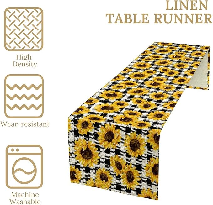 Summer Sunflower Table Runner, Sunshine Seasonal Buffalo Plaid Table Runner for Indoor Home Party Kitchen Dining Outdoor 13x36in