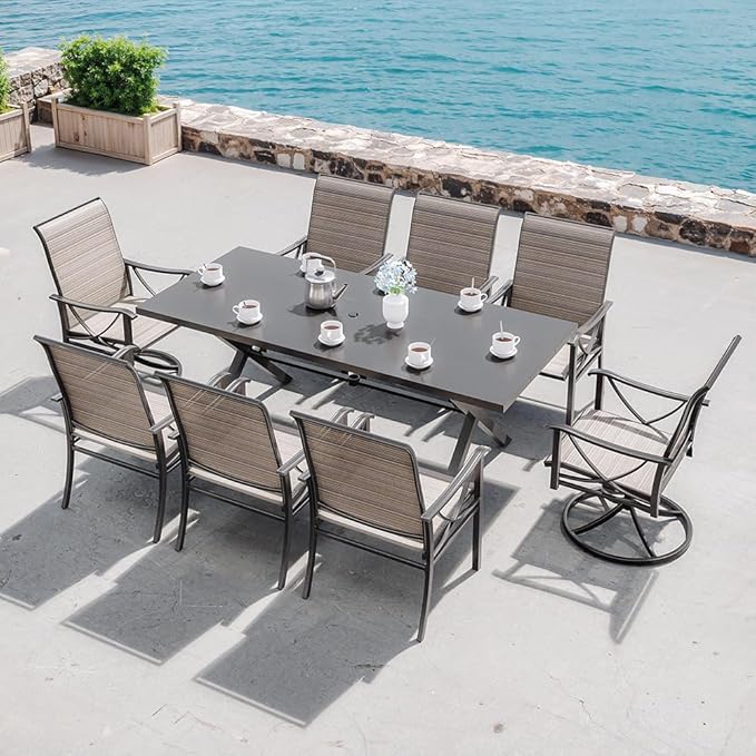 Kurapika 9-Piece Patio Dining Set, Outdoor Large Table with Umbrella Hole, 6 Stationary Chairs and 2 Swivel/Rocking Chairs, Patio Furniture Set for Garden, Deck, Porch, Pool All Weather, Brown