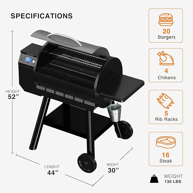 LCD Control Wood Pellet Smoker Grill, 700 SQ. IN Cook Area, Pellet Grill with Auto Feed & Leaking Waste, 500°F Max Temperature, 8 in 1 BBQ Grill with Meat Probe, Side Table with Hooks(Black)