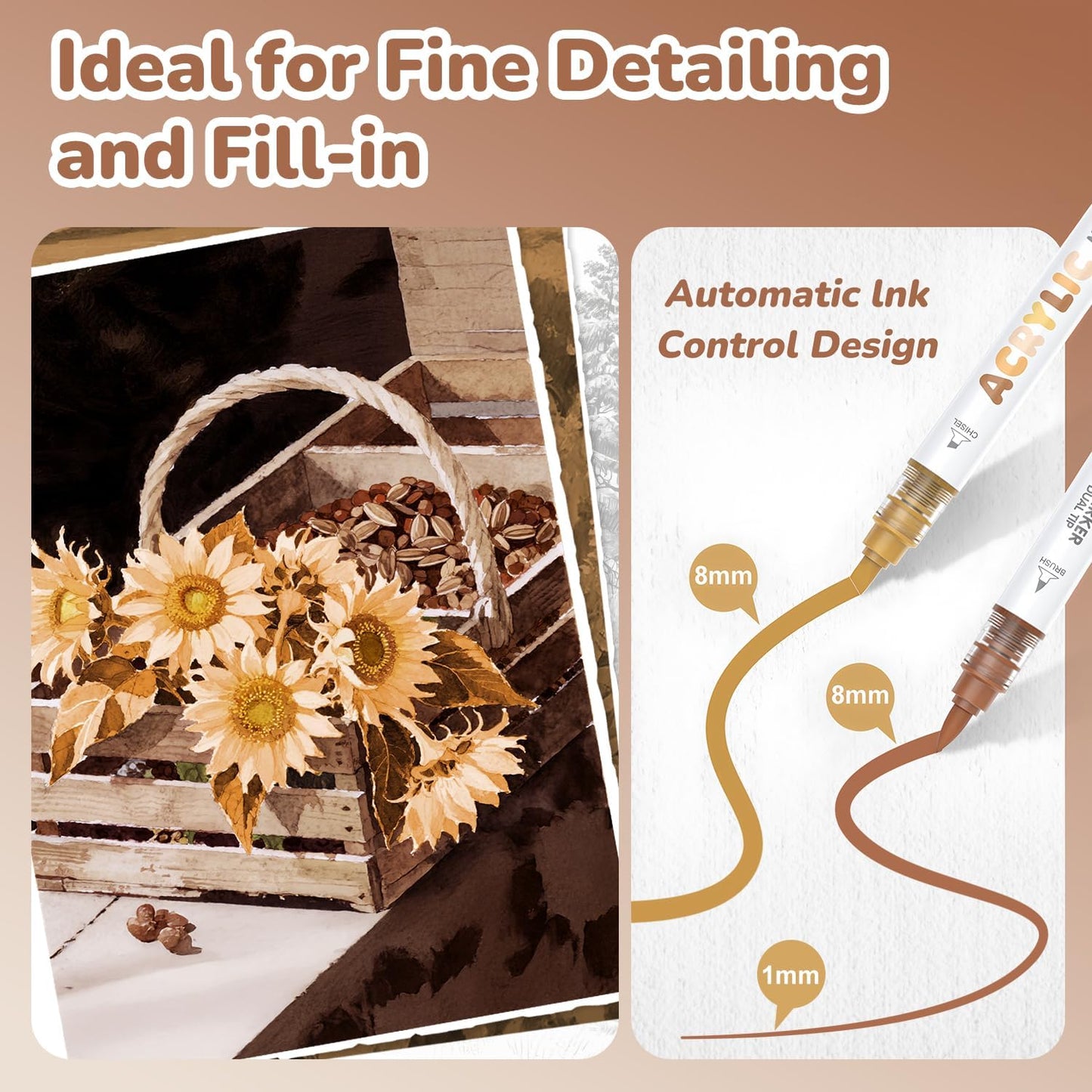 Guangna 12 Brown Dual Tip Acrylic Paint Markers, Brush Tip & Chisel Tip Acrylic Paint Pens for Rock, Wood, Glass, Paper, Coloring Book, Ceramic, Canvas, Water-Based Ink