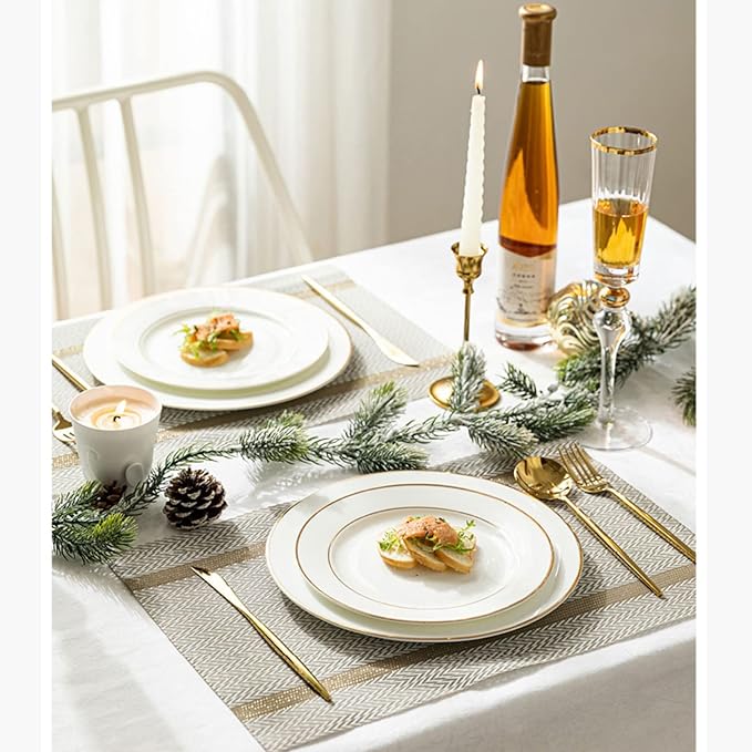 PIGCHCY Luxurious Placemats and Table Runner Set, Stylish Durable Placemats Set of 6 for Home Wedding Hotel Decoration (Beige White)