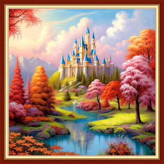 Redxing Stamped Cross Stitch Kits Full Range of Embroidery Starter Kits- Needlepoint Counted Cross Stitch Kits for Beginner Adults 11CT Printed Embroidery Kit-Magic Castle 18x18 inch