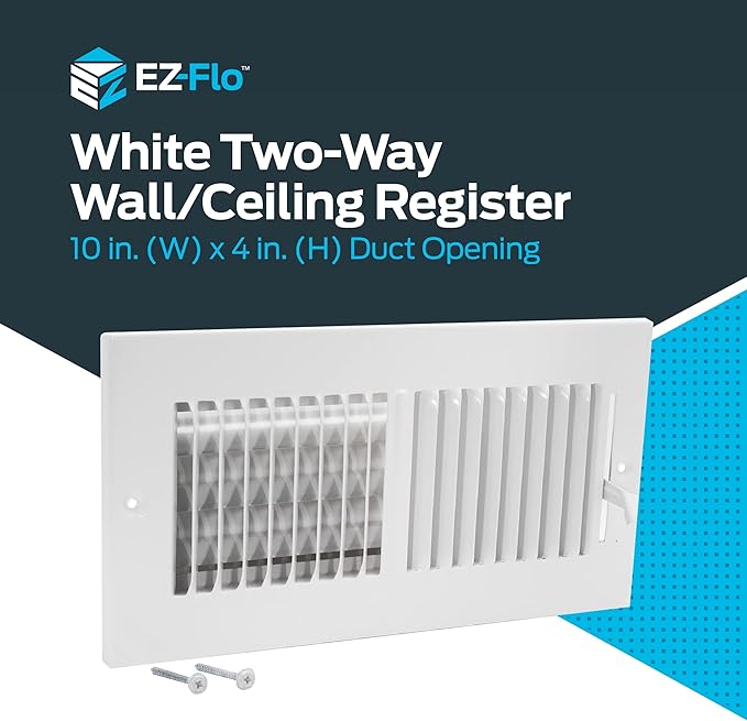 EZ-FLO 10 x 4 Inch (Duct Opening) White Air Vent Cover for Wall or Ceiling, Two-Way Ventilation Register, Solid Steel HVAC Cover, 61609 (Pack of 2)