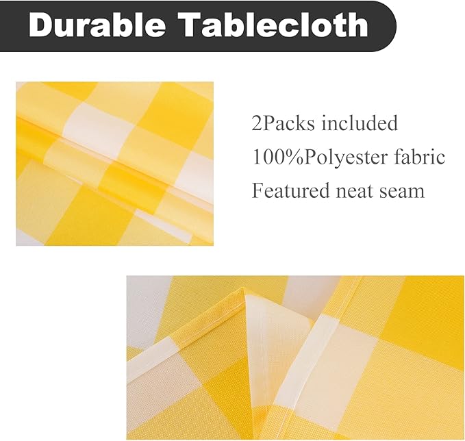 2 Pack Waterproof Polyester Fabic Round Checkered Tablecloth，60 Outdoor Table Cloth，Oil Stain Prevention Table Cloth for Pinics and Parties（Yellow and White）