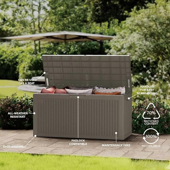 100 Gallon Patio Storage Bench - Waterproof Outdoor Deck Box & Storage Cabinet, Lockable Resin Chest for Pool/Garden Accessories, UV-Resistant, Weathered Grey