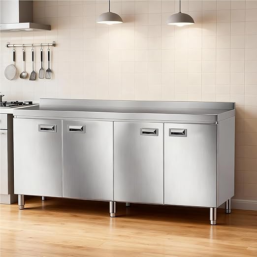 KINGBO 66.9" Stainless Steel Table Cabinet Heavy Duty Prep Table with 304 Stainless Steel Worktop Commercial Worktable Workbench with Storage Cabinet for Kitchen Garage Restaurant Outdoor