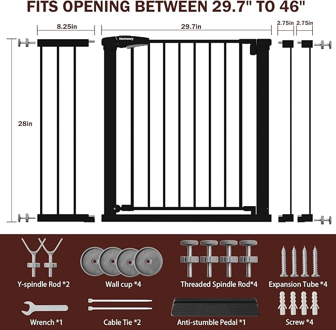 29.7-46" Extra Wide Baby Gate for Stairs, Pressure Mounted Dog Gate Indoor for Doorways, Auto Close Pet Gate with Walk Thru Door, Double Lock Child Safety Gate for Kids and Pet, No-Trip Design