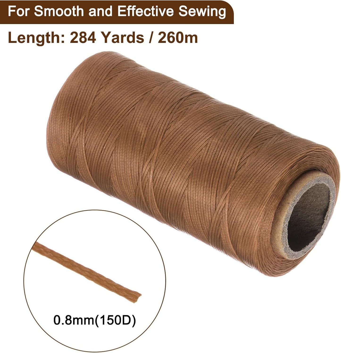 uxcell Leather Sewing Waxed Thread, 284 Yards / 260m 0.8mm 150D Flat Polyester All-Purpose Threads for Leather Crafts, Bookbinding, Light Brown