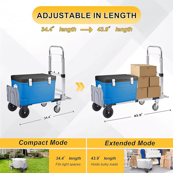 Upgraded 3 in 1 Aluminum Folding Hand Truck, 600lbs Capacity, Heavy Duty Convertible Dolly with Retractable Handle and 4 Rubber Wheels, Collapsible Cart for Moving Home, Office, Warehouse (Black)
