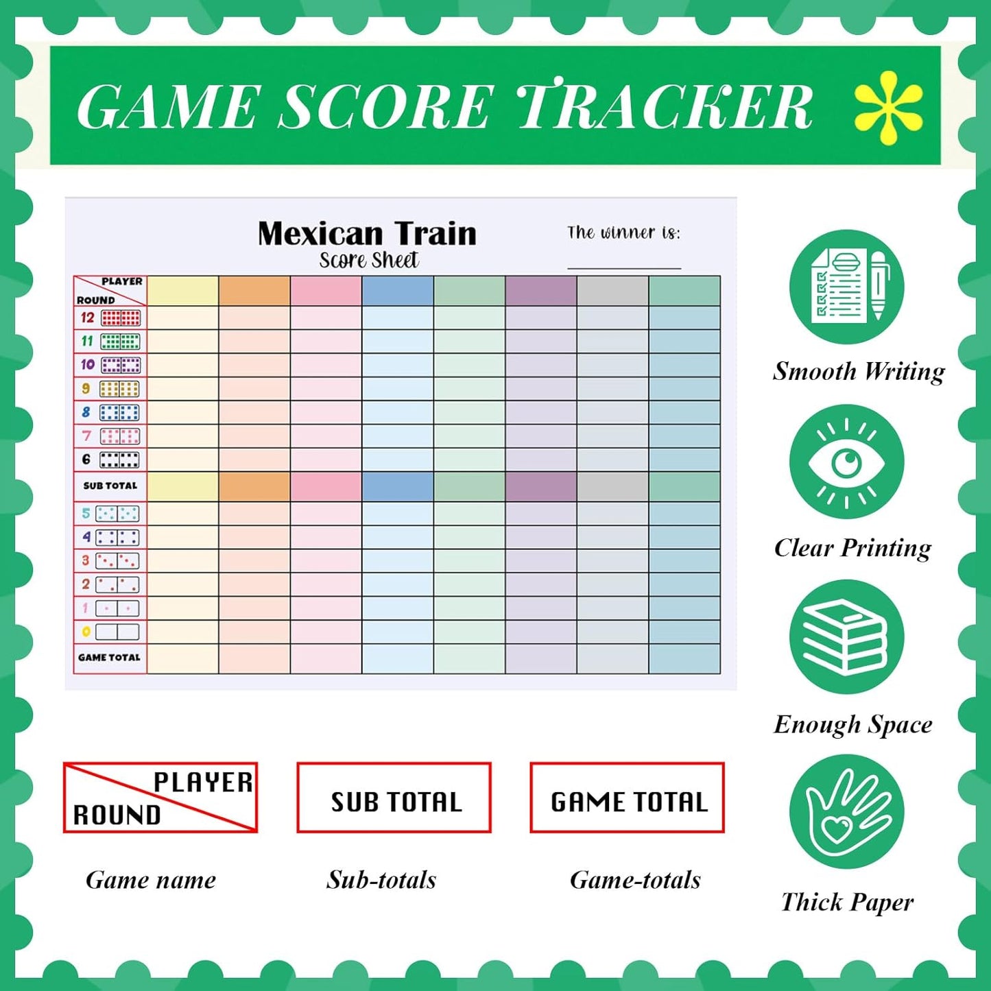 2 Pack 120 Sheets Mexican Train Score Pads Colorful Chicken Foot Dominoes Game Scorepad Adult Mexican Train Score Sheet Scoreboard Paper Record Clearly for Family Game (6.7 x 5 Inches)