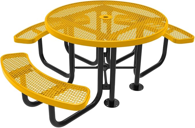 COATEDOUTDOORFURNITURE Heavy-Duty Portable Outdoor Picnic Table with Umbrella Hole, Expanded Metal Patio Dining Furniture Made in America (46" Round Top, Yellow)