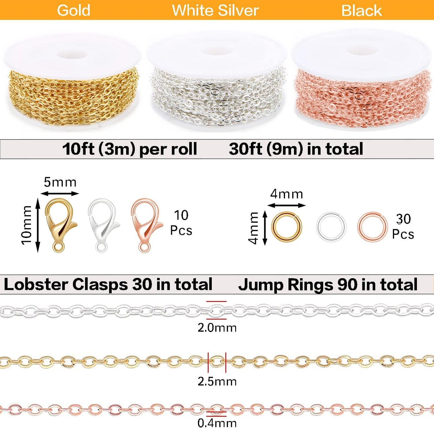 Jishi 30ft Jewelry Making Chains Bulk 2mm Necklace Chains, Jewelry Making Supplies, DIY Craft Earring Bracelet Making Findings, 3-Colors Gold Silver Rose Gold Plated Metal Rolo Cable Link Chain Rolls