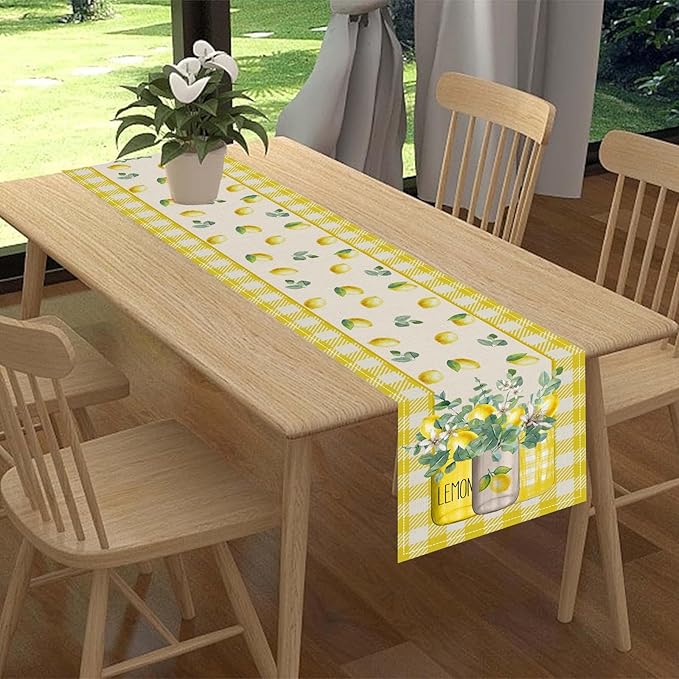 Lemon Table Runner, Farmhouse Yellow Buffalo Plaid Seasonal Summer Spring Fruits Lemon Coffee Table Center Decor for Home Kitchen Dining Party Patio Indoor Outdoor Table Decorations, 13"x36" Inch