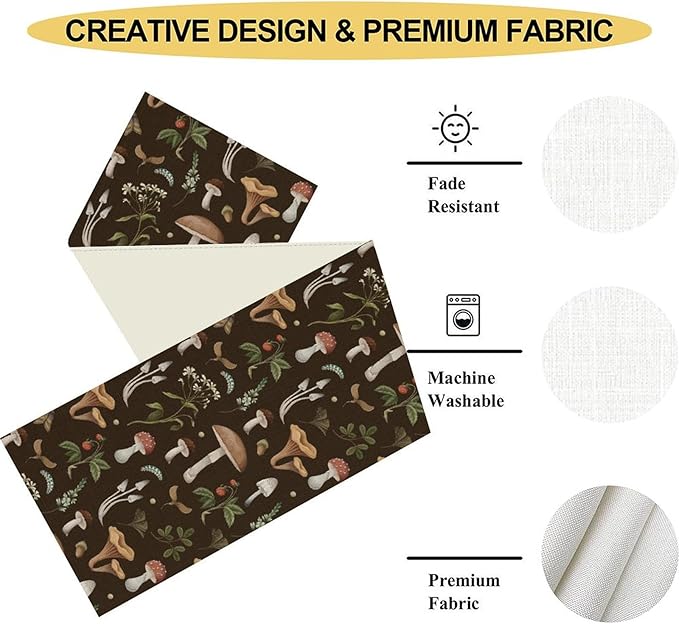 Mushroom Table Runner, Rustic Farmhouse Forest Plants Botanical Wild Floral Coffee Table Center Decor for Home Kitchen Dining Patio Holiday Party Indoor Outdoor Table Decorations, 13"x72" Inch