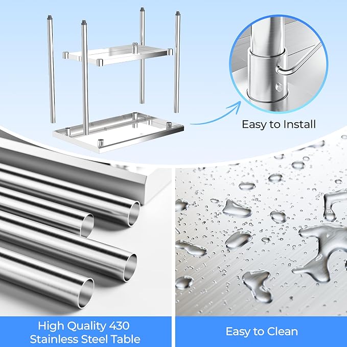 NUUK Heavy Duty Commercial Worktable 24" x 36" Restaurant Kitchen Food Prep Work Table Adjustable Height Stainless Steel Grill Workstation for Home and Hotel