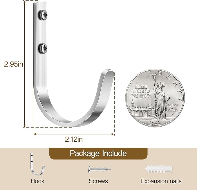 Aluminum Wall Hooks for Hanging Towel/Coat - 22LB Screw in Metal Hanger Wall Mount, for Outdoor, Closet, Door, Bathrooms, for Backpack, Robe, Silver 5 Pack