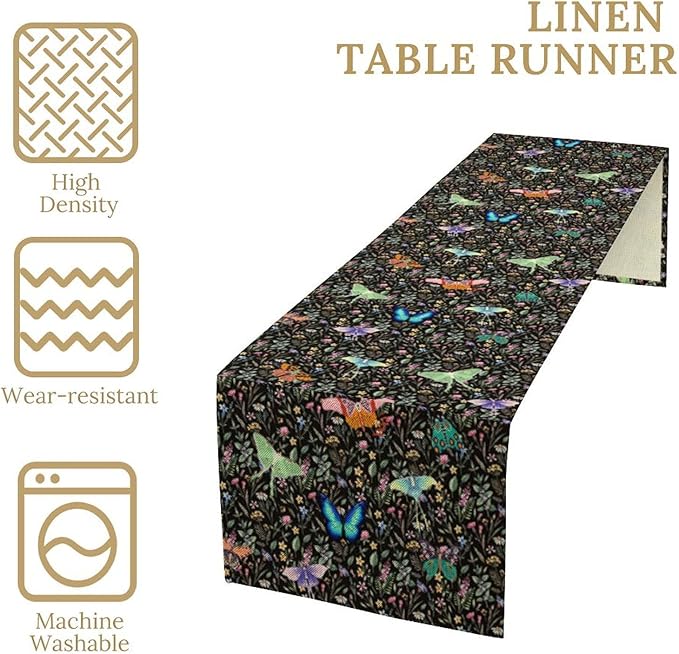Boho Wildflower Moth Table Runner,Bohemian Floral Colorful Butterfly Print Table Runner for Kitchen Dining Table Holiday Indoor Outdoor Home Party Decor 13x90in