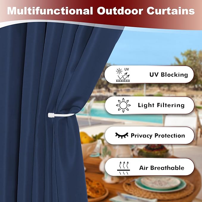 HolidayIdeas Grommet Outdoor Curtains for Patio Waterproof 8 Pcs All Weather Balcony Outside Curtains for Apartments, Gazebo, Pergolas, Porch, 54x120 Inch, Navy