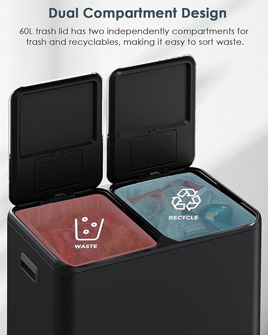 Arlopu 16Gal Dual Trash Can w/2 Built-in Box for Odor Control, Hands-Free Kitchen Garbage Bin, Recycle Waste Dustbin, Soft-Close Lid, 2 Buckets,Foot Pedal, Side Handle, Airtight,for Home (Black)