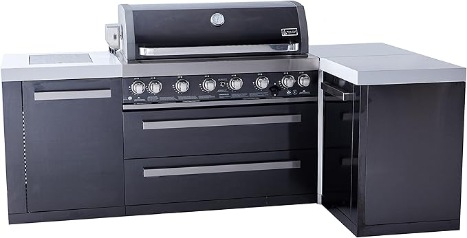 Mont Alpi MAi805-BSS90 44-inch 6-Burner 115000 BTU Deluxe Black Stainless Steel 90 Degree Outdoor Kitchen Gas Island Grill w/Infrared Side Burner Rotisserie Kit + Storage Drawers & Cabinets