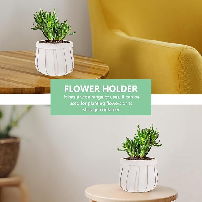 Round Woven Flower Pot with Plywood Base Flower Holder Planter for Indoor Outdoor Use Compact Stackable Storage Container for Home Garden Balcony White