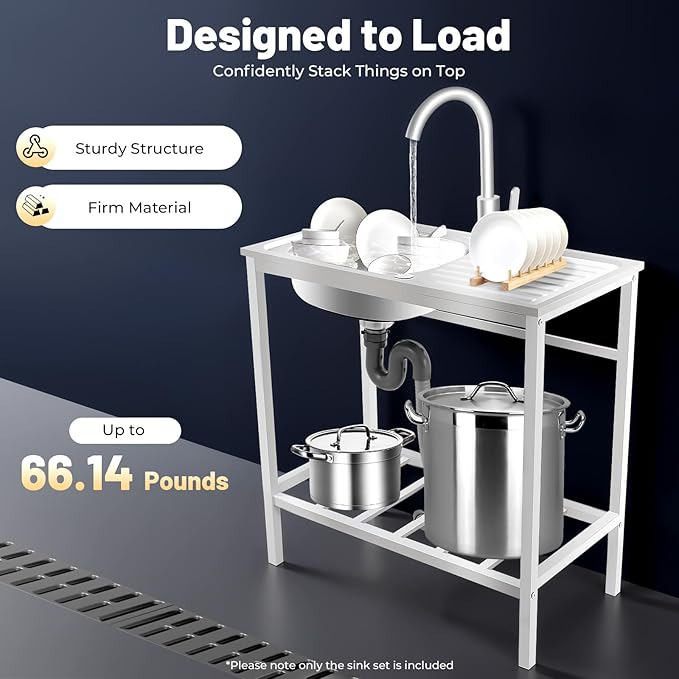 Portable Outdoor Utility Sink, Free Standing Single Bowl Kitchen Sink with Storage Shelf Faucet Operation Countertop, Commercial Stainless Steel Sink Adjustable Support Feet (30X16X30in)