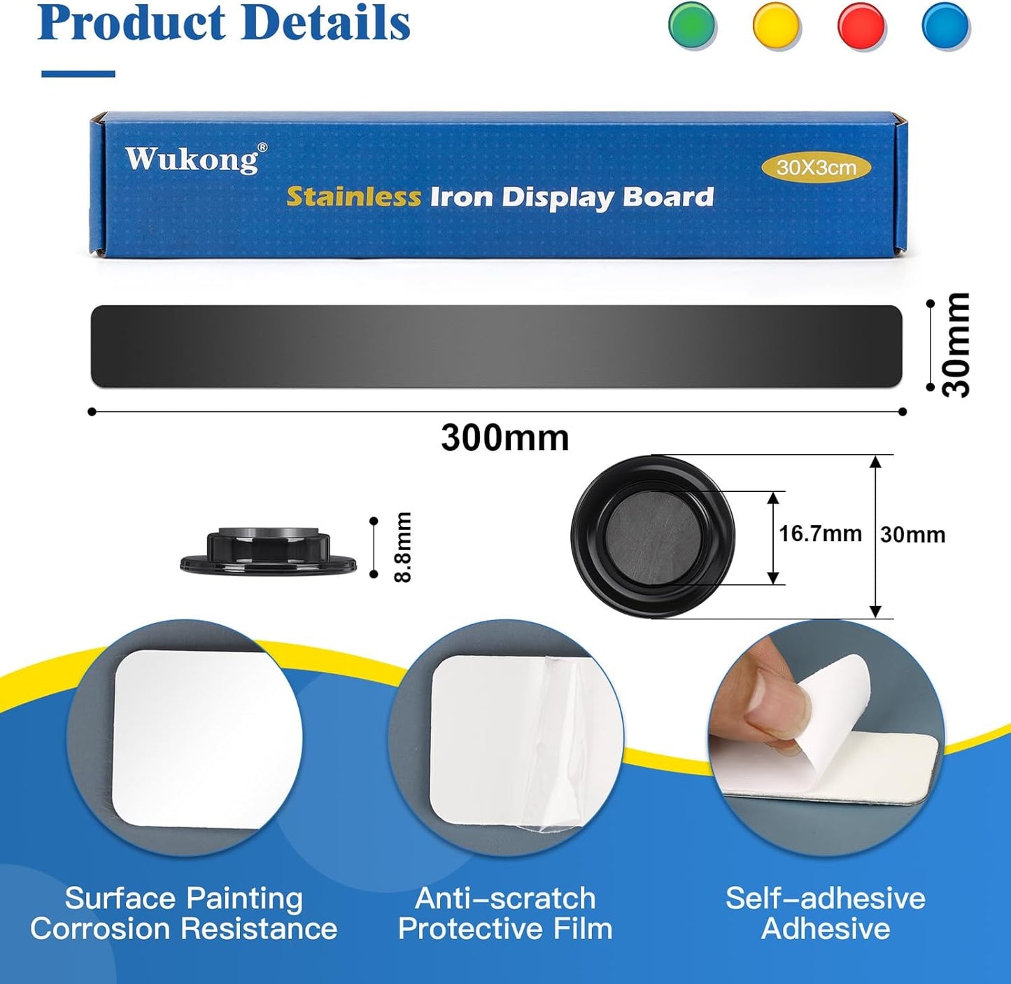 Wukong 8 Pack | 30x3cm(11.81 x 1.18) Magnetic Stainless Black Boards Strips, Adhesive Backing Bulletin Bar Board, Memo Board with 32Pcs Colorful Magnets for Office, Home, Photo Wall, Documents