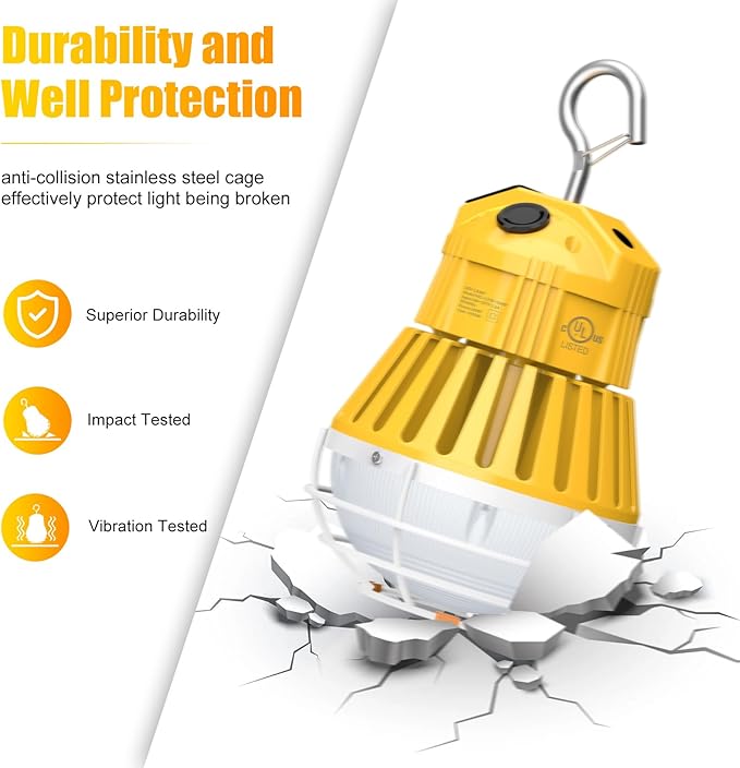 LED Temporary Work Light 100W, 13000LM 5000K Portable Hanging Construction Light with 10ft Cable Plug and Sturdy Hooks Linkable LED Work Light for Job Site Lighting, Workshop, Garage ETL Listed