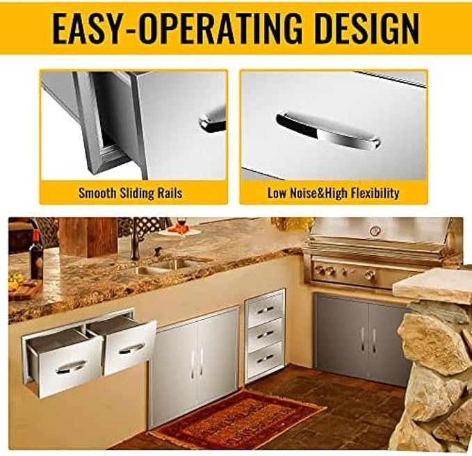 Stainless Steel Outdoor Kitchen Drawers - 3-Drawer BBQ Drawer, Built-in, Flush Mount - 30Wx20Dx10H