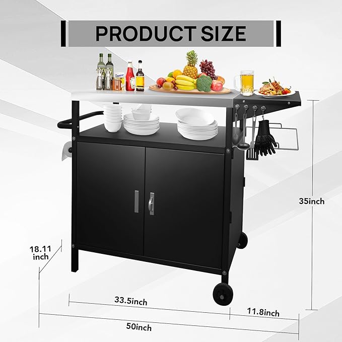 35" H Outdoor Grill Cart- Outdoor BBQ Prep Table, Lockable Wheels & Magnetic Cabinet for Patio, Backyard, Tailgating