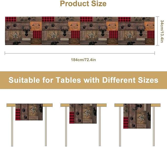 Vintage Bear Deer Table Runner, Rustic Western Farmhouse Hunting Theme Wildlife Animal Checkered Table Runner for Outdoor Dining Kitchen Camping Party 13x90in