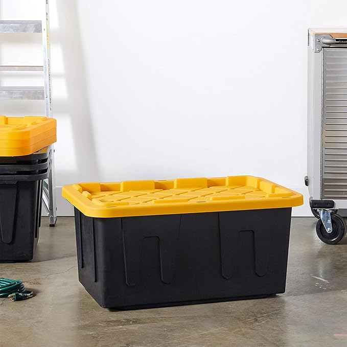 HOMZ 4-Pack Durabilt Tote, Heavy Duty Plastic Storage Bins with Lids, 27 Gallon, Black/Yellow - Stackable Organizing Containers for Home, Garage, and Office